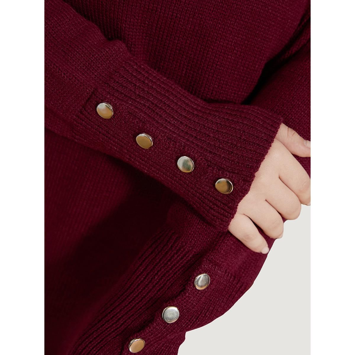 Plus Size Solid Pointelle Knit Button Detail Funnel Neck Knit Top Scarlet Women Casual Loose Long Sleeve Turtleneck Dailywear Pullovers BloomChic 12/L Product Image