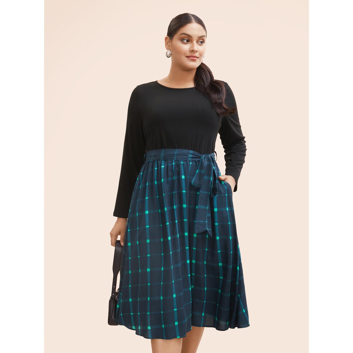 Plus Size Plaid Patchwork Belted Midi Dress Navy Women At the Office Belted Round Neck Long Sleeve Curvy BloomChic 10/M Product Image