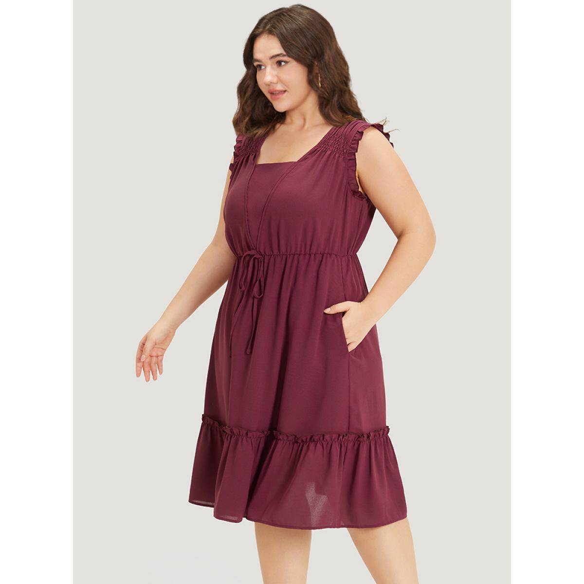 Plus Size Plain Frill Trim Gathered Ties Square Neck Tank Dress Burgundy Women Elegant Plain Square Neck Sleeveless Curvy Midi Dress BloomChic 12/L Product Image