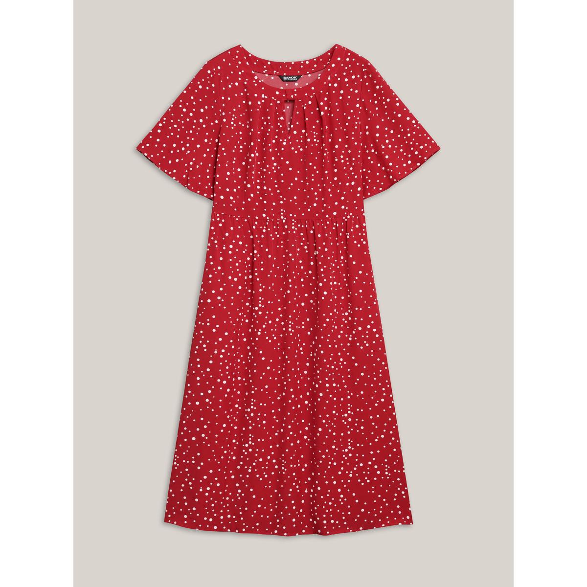 Plus Size Polka Dots Print Cut-Out Flutter Sleeve Midi Dress Scarlet Women Timeless Pleated Round Neck Short sleeve Curvy BloomChic 18-20/2X Product Image