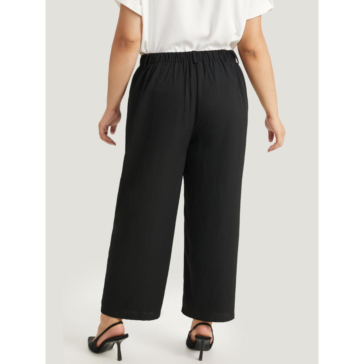 Plus Size Plain Pocket Elastic Waist High Rise Pants Women Indigo Office Straight Leg High Rise Work Pants BloomChic 22-24/3X Product Image