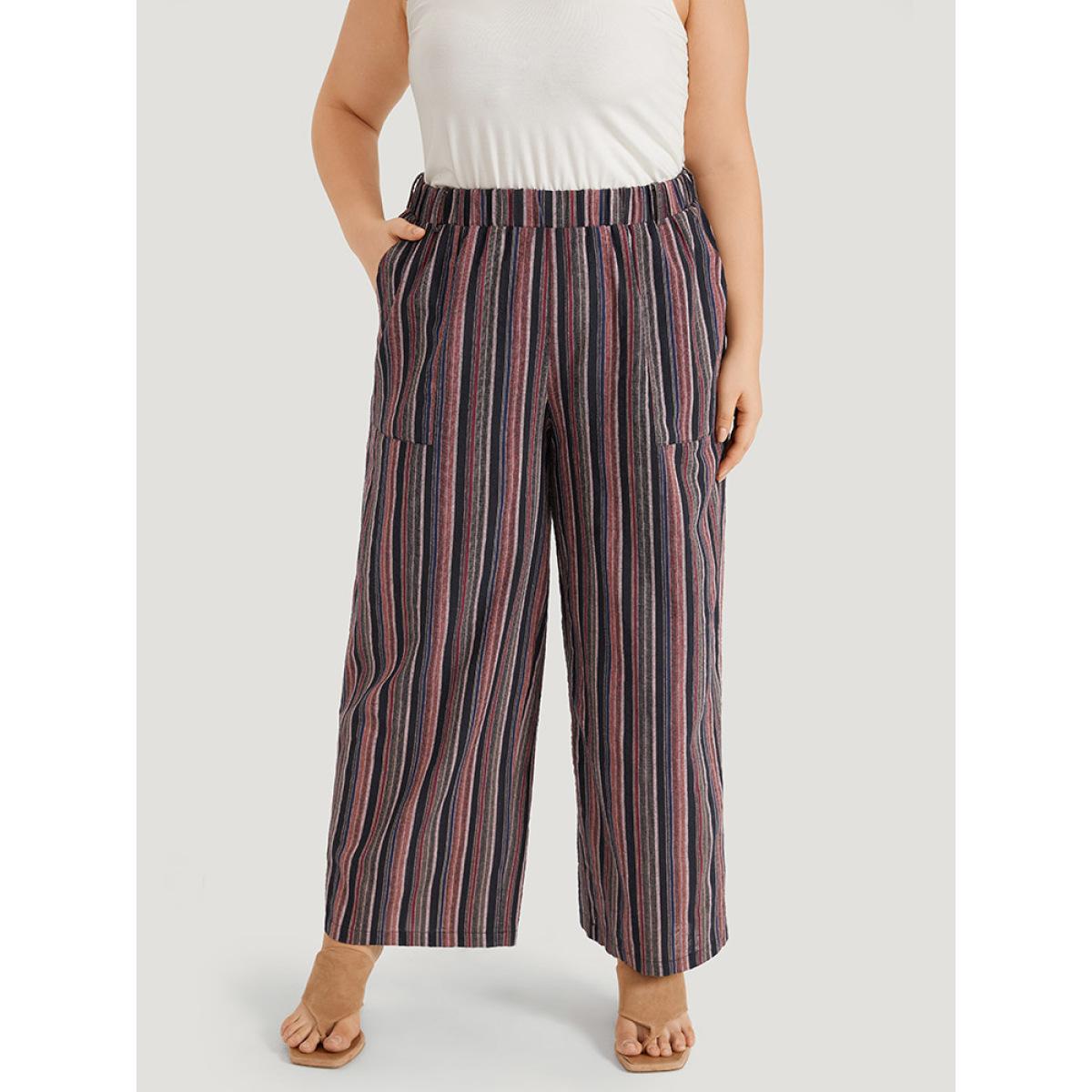 Plus Size Striped Print Pocket Elastic Waist Pants Women Indigo Resort Straight Leg High Rise Vacation Pants BloomChic 28/5X Product Image