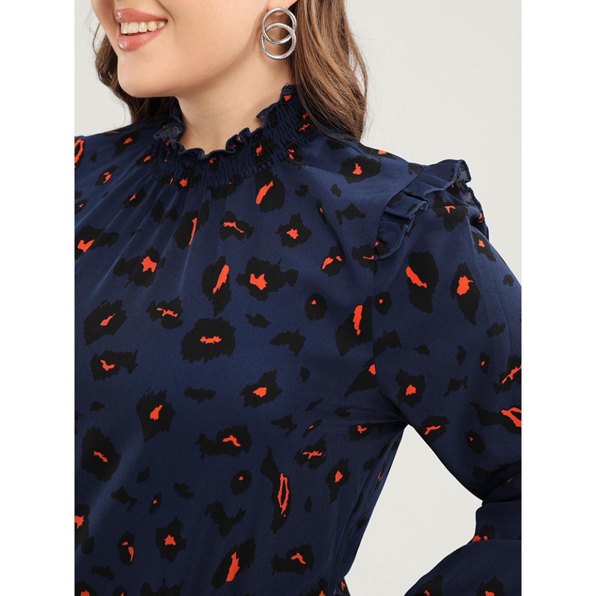 Plus Size DarkBlue Allover Print Ruffle Trim Lantern Sleeve Shirred Blouse Women Elegant Long Sleeve Mock Neck Dailywear Blouses BloomChic 30/6X Product Image