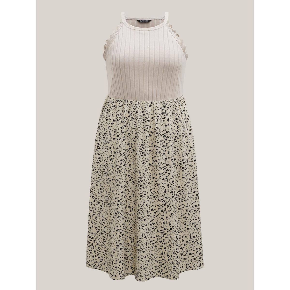 Plus Size Ditsy Floral Print Ribbed Midi Dress Beige Women Casual Woven ribbon&lace trim Knit Dresses Bloomchic 26/4X Product Image