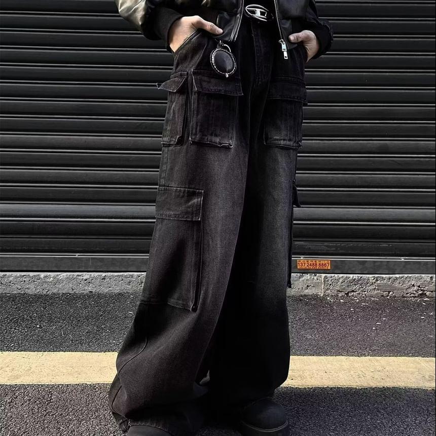 High Waist Washed Pocket Detail Wide Leg Jeans Product Image