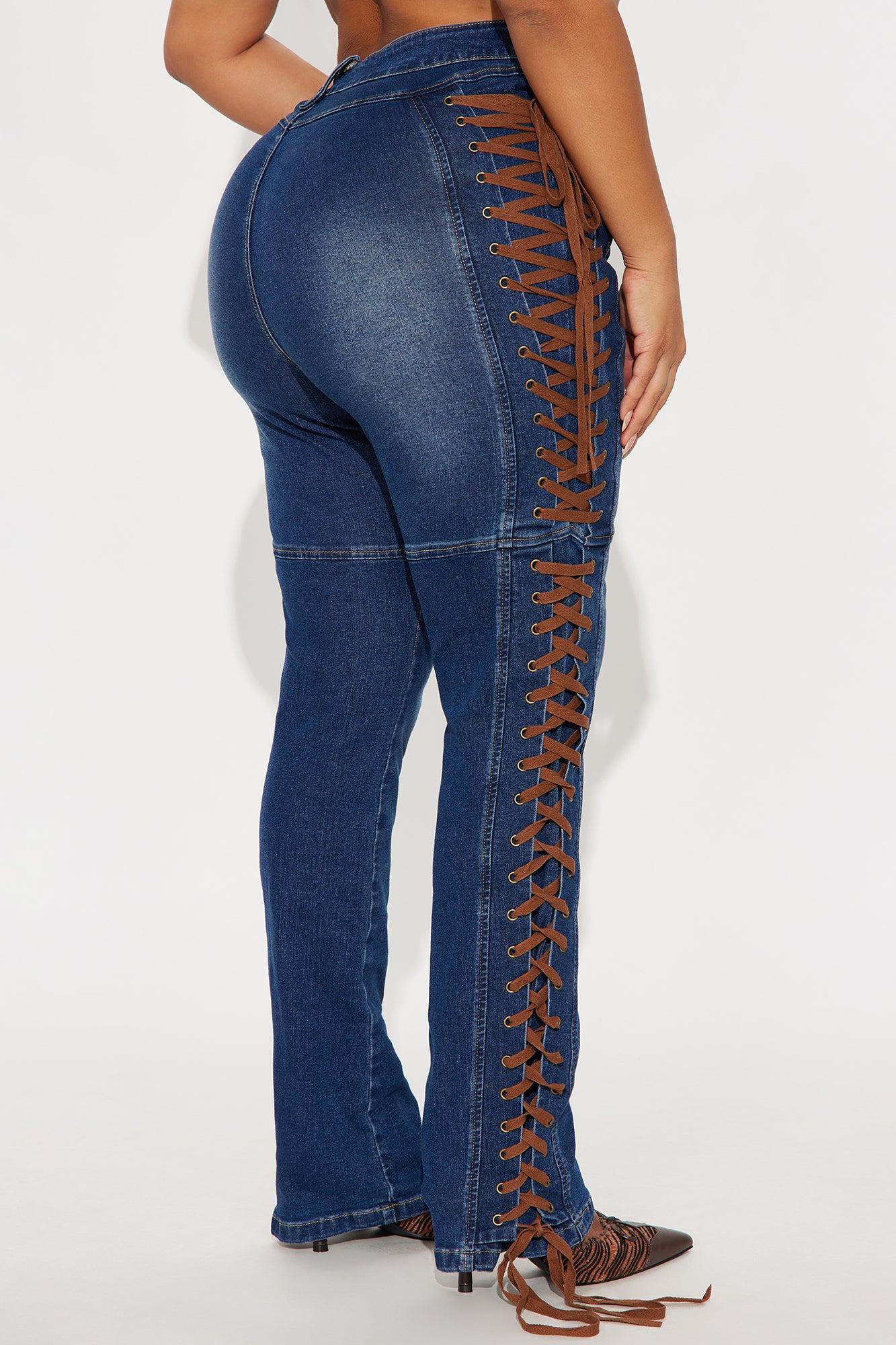 Jaw Dropper Stretch Lace Up Bootcut Jeans - Dark Wash Female Product Image