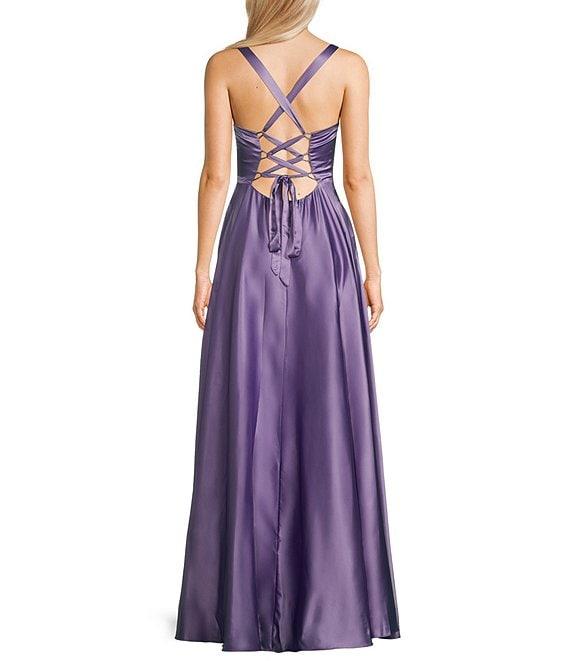 B. Darlin Square Neck Dull Charmeuse Long Dress Product Image