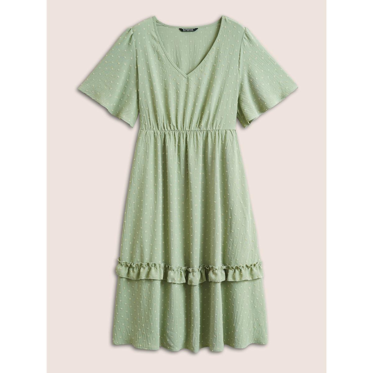 Polka Dot Shirred Plus Size Women Elegance Dress Plain Pocket Ruffle Sleeve Short Sleeve V Neck Pocket Dailywear Midi Dress BloomChic Product Image