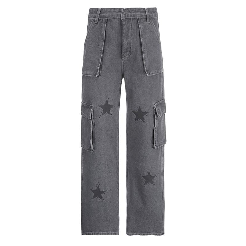 Low-Rise Star Print Wide-Leg Jeans Product Image