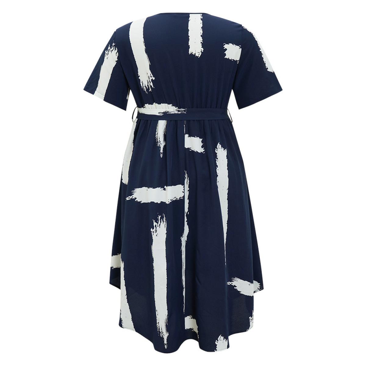 Plus Size Brush Print Half Zipper Pocket Belt Curved Hem Dress Indigo Women Elegant Gathered V-neck Short sleeve Curvy Midi Dress BloomChic 14-16/1X Product Image