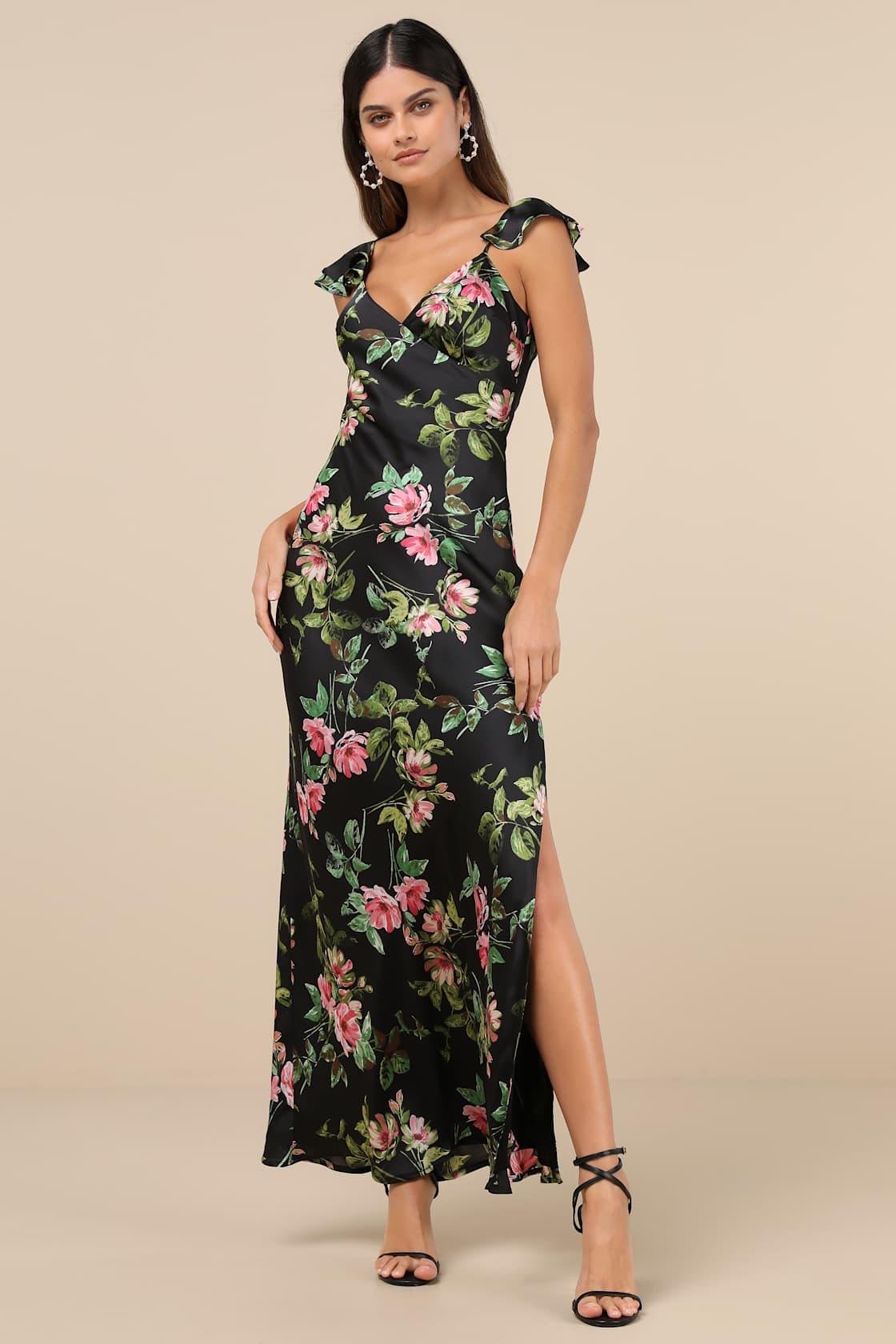 Captivating Grace Black Floral Satin Ruffled Maxi Dress Product Image