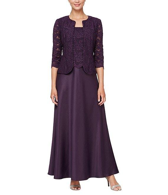 Alex Evenings Glitter Lace 3/4 Sleeve Square Neck Scallop Hem Bodice 2-Piece Jacket Gown Product Image