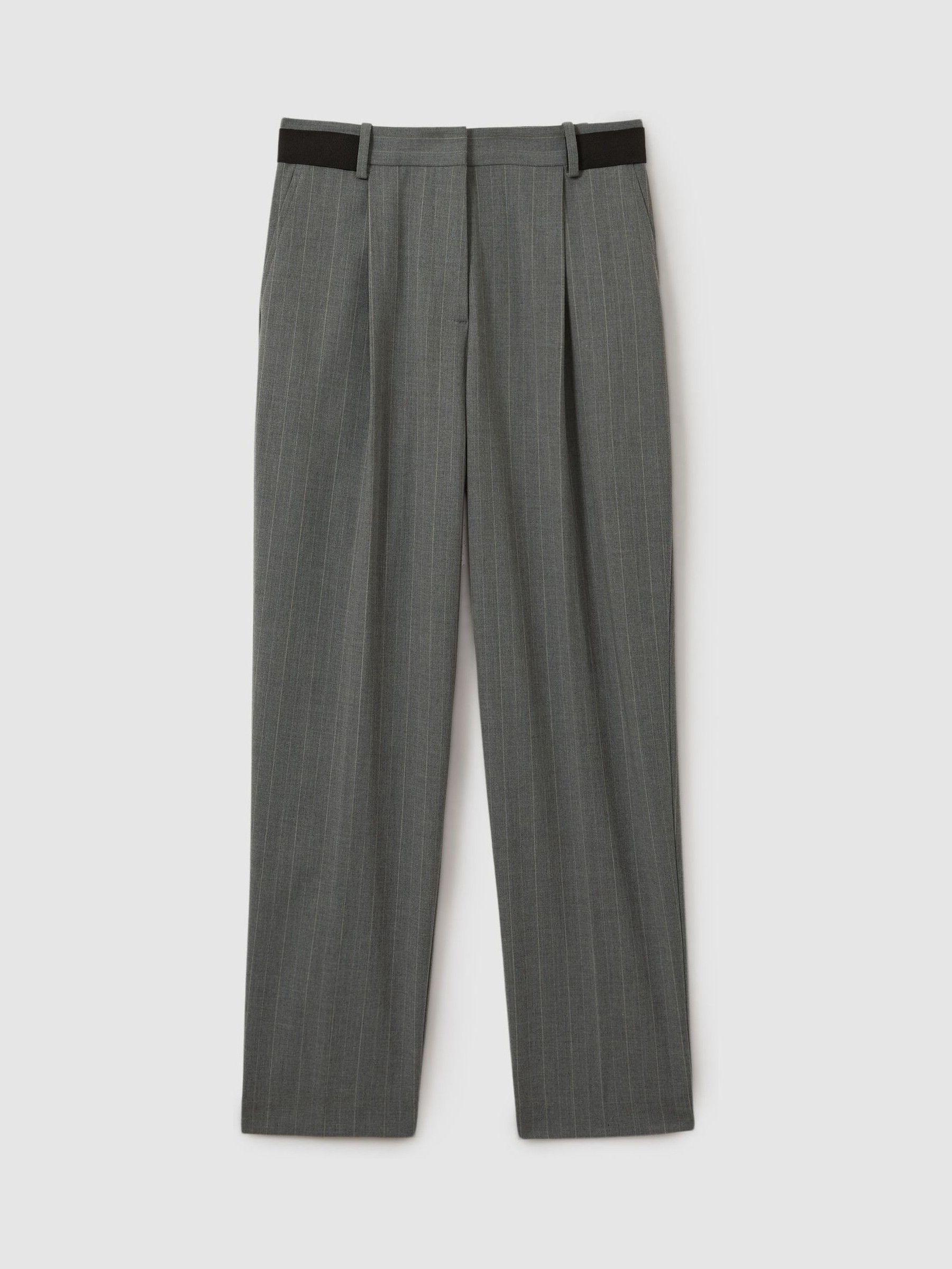 Pinstripe Waistband Detail Tapered Trousers in Grey Product Image