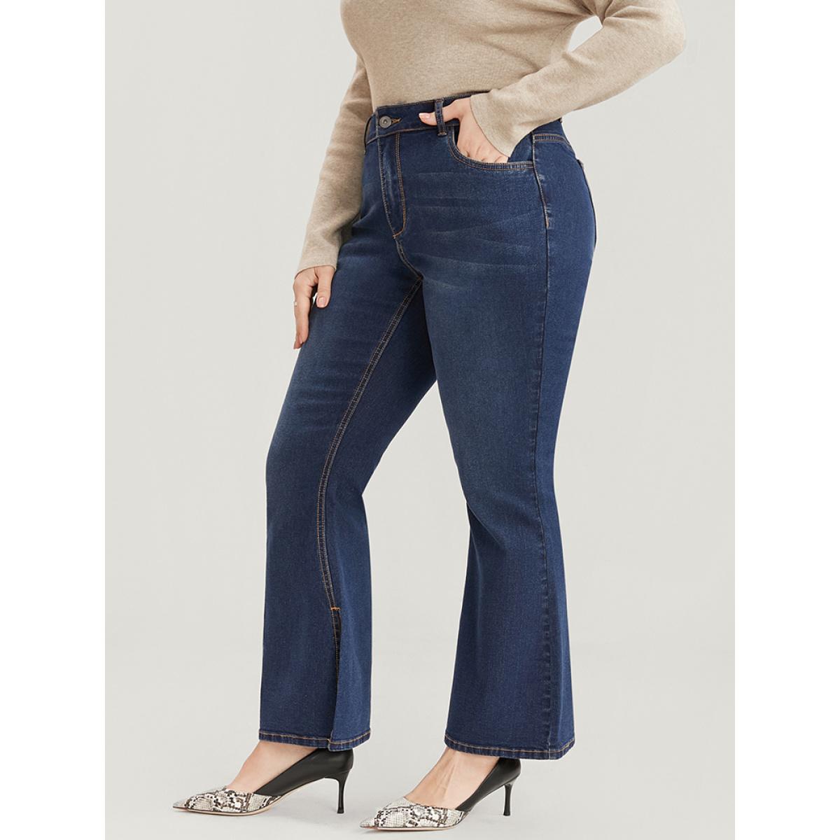 Plus Size Bootcut Very Stretchy High Rise Dark Wash Split Hem Jeans Women DarkBlue Casual Plain Pocket High stretch Side seam pocket Jeans BloomChic 20/2X Product Image