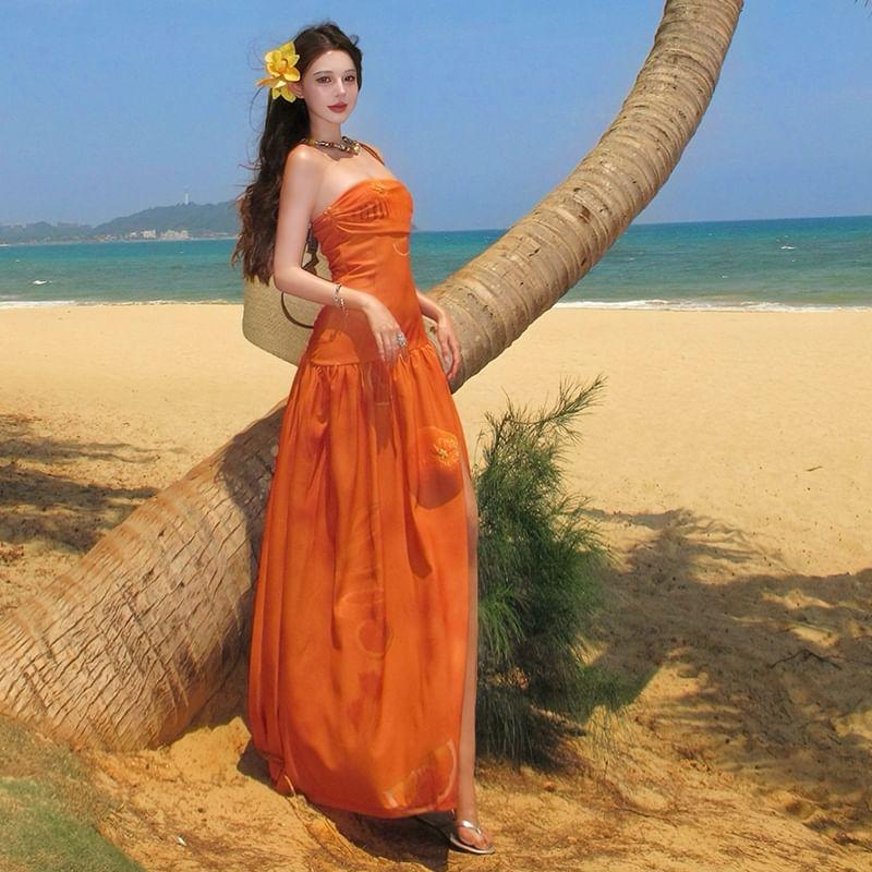 Strapless Printed Slit Midi A-Line Dress Product Image