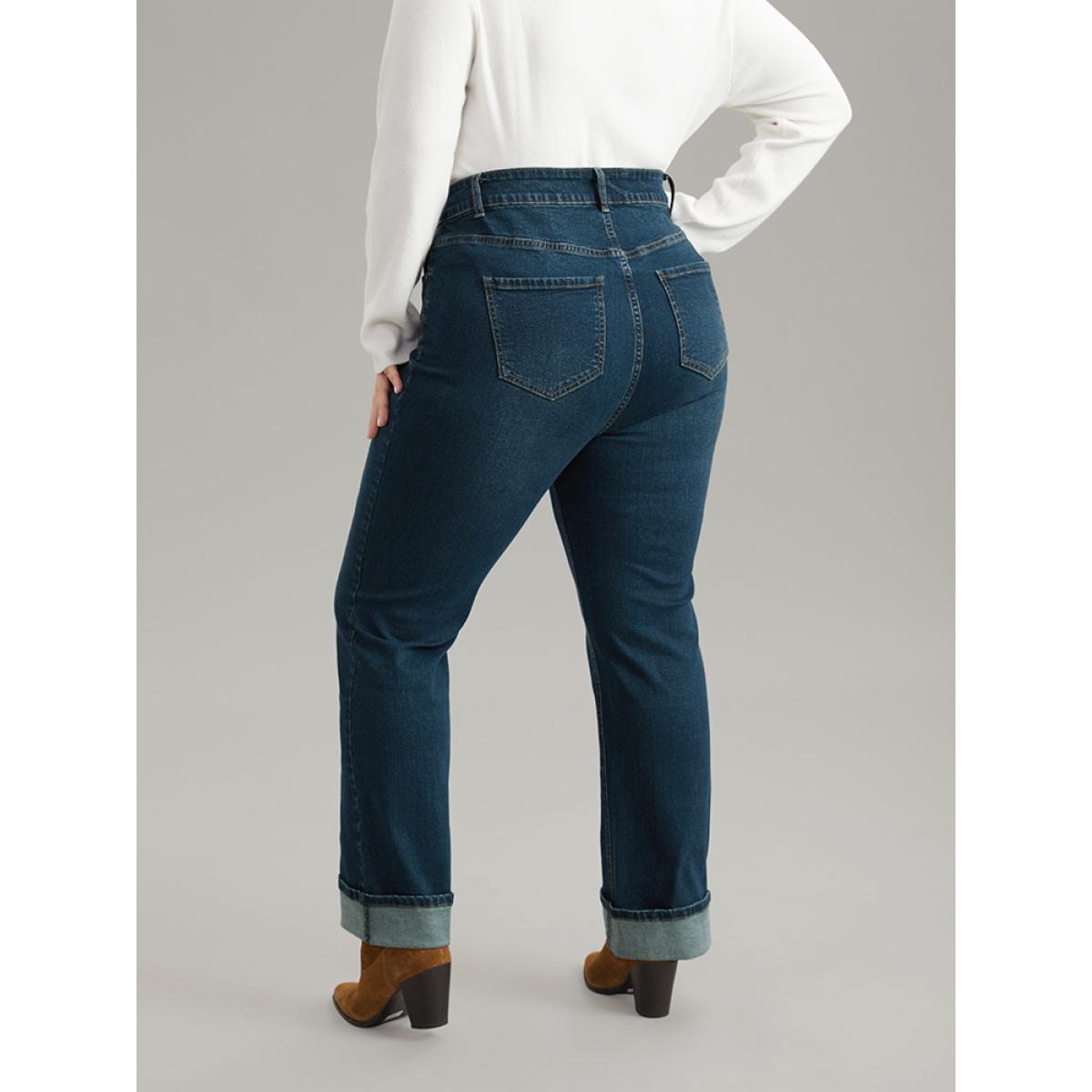 Plus Size Straight Leg Pocket Roll Hem Jeans Women Indigo Casual Plain Plain High stretch Pocket Jeans BloomChic 14/1X Product Image