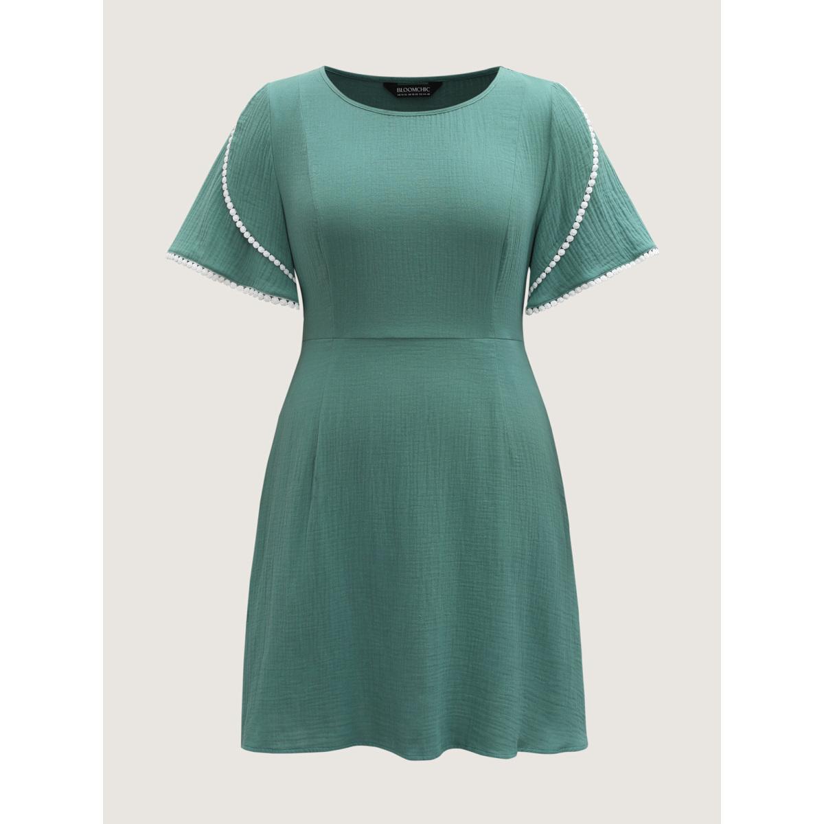 Plus Size Pure Cotton Textured Lace Trim Midi Dress Emerald Women Timeless Round Neck Short sleeve Curvy BloomChic 26/4X Product Image