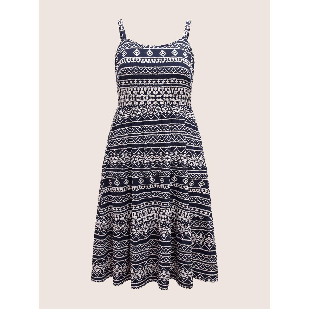 Plus Size Geometric Bandana Print Elastic Waist Midi Dress DarkBlue Women Resort Non Round Neck Sleeveless Curvy BloomChic 22-24/3X Product Image