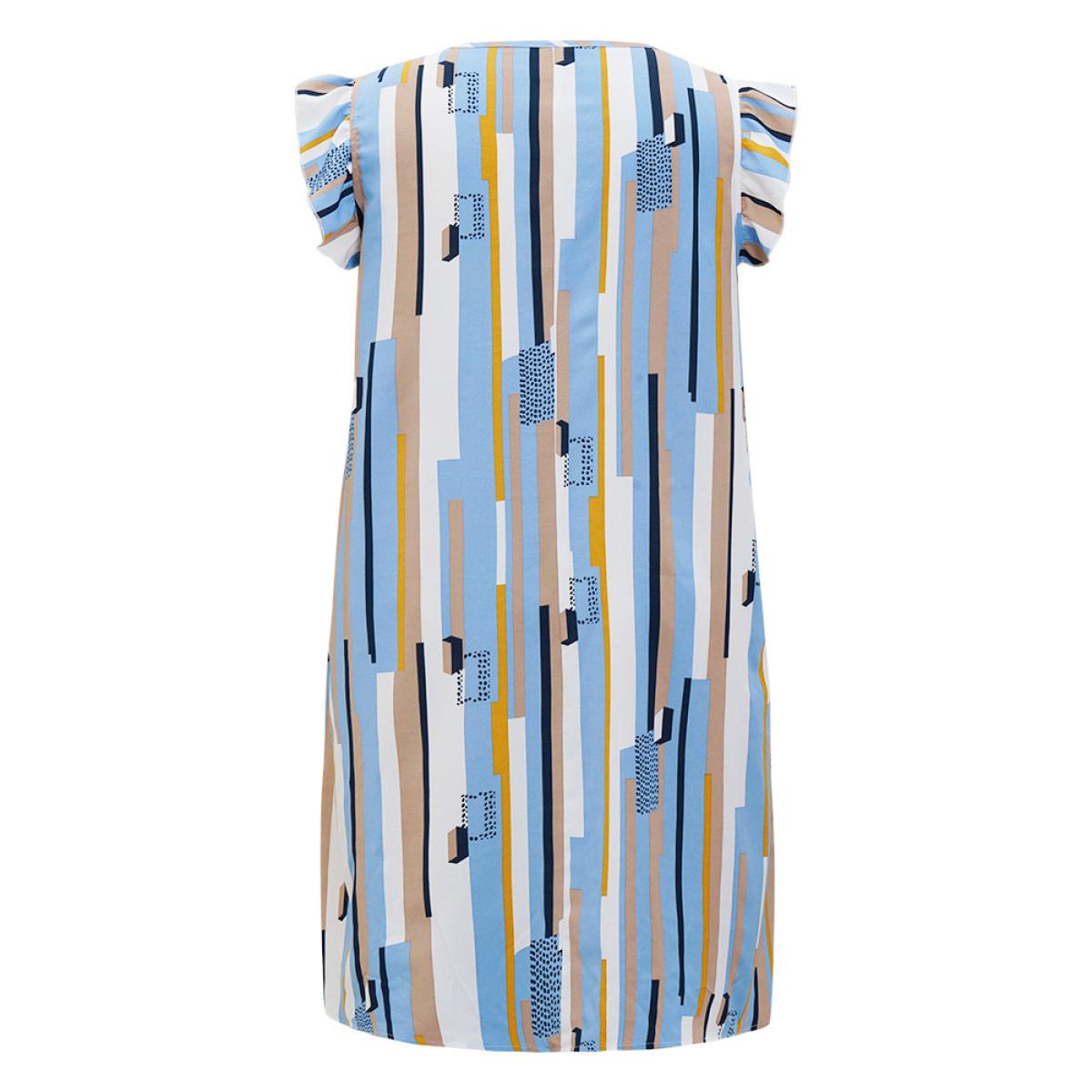 Plus Size Geometric Print V Neck Pocket Flutter Cap Sleeve Midi Dress Multicolor Women Elegant Ruffles V-neck Cap Sleeve Curvy Knee Dress BloomChic 26/4X Product Image