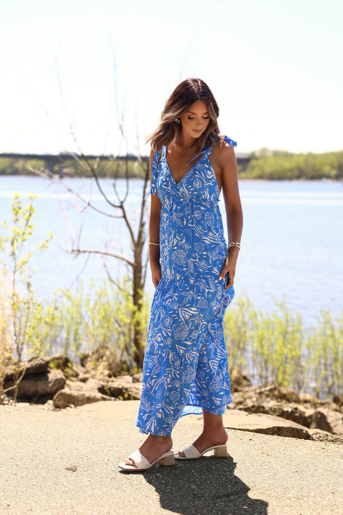 Blue and White Print Tiered Maxi Dress - DOORBUSTER Product Image