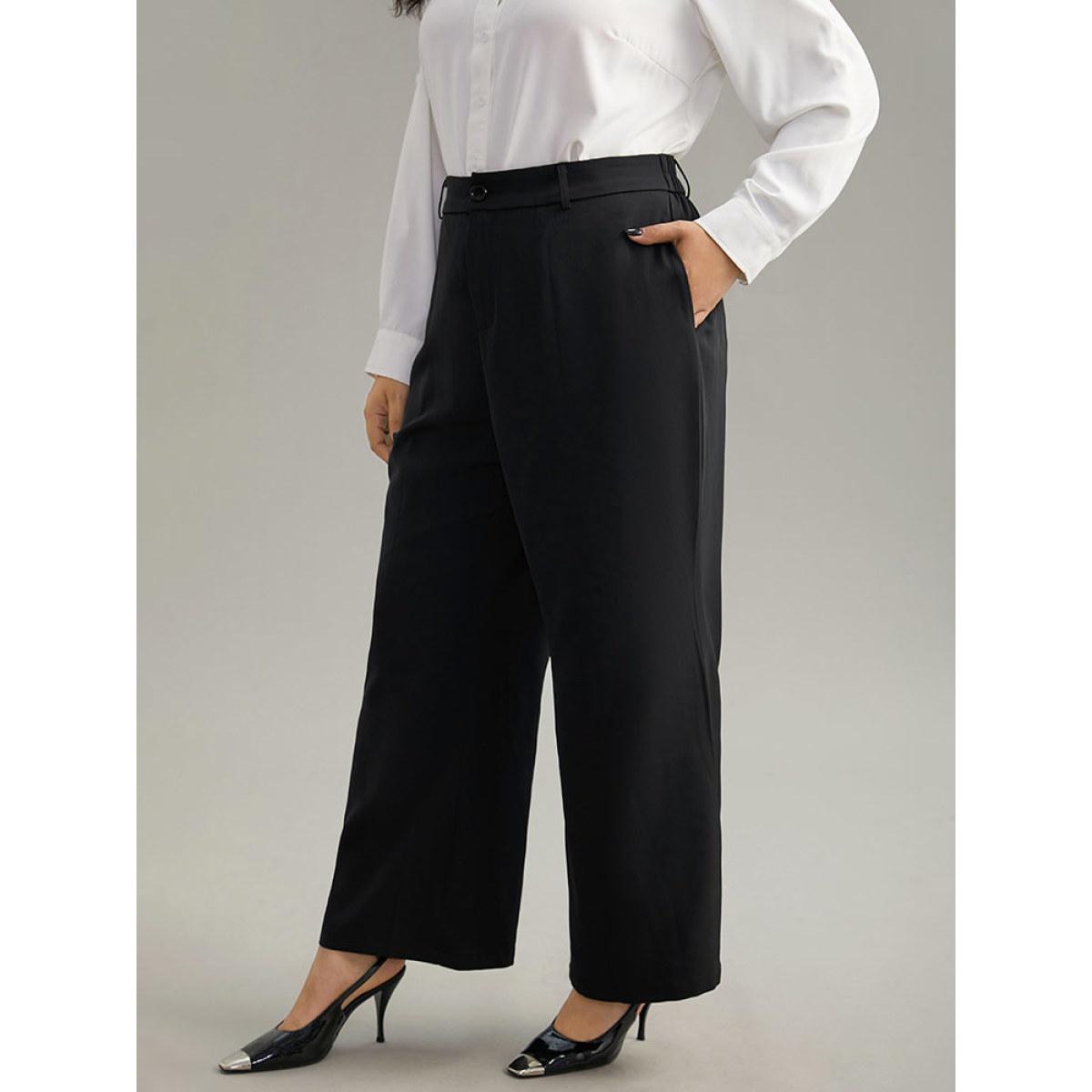 Plus Size Static-Free Plain Pocket Wide Leg Pants Women Black Workwear Essentials Wide Leg High Rise Office Pants BloomChic 22-24/3X Product Image