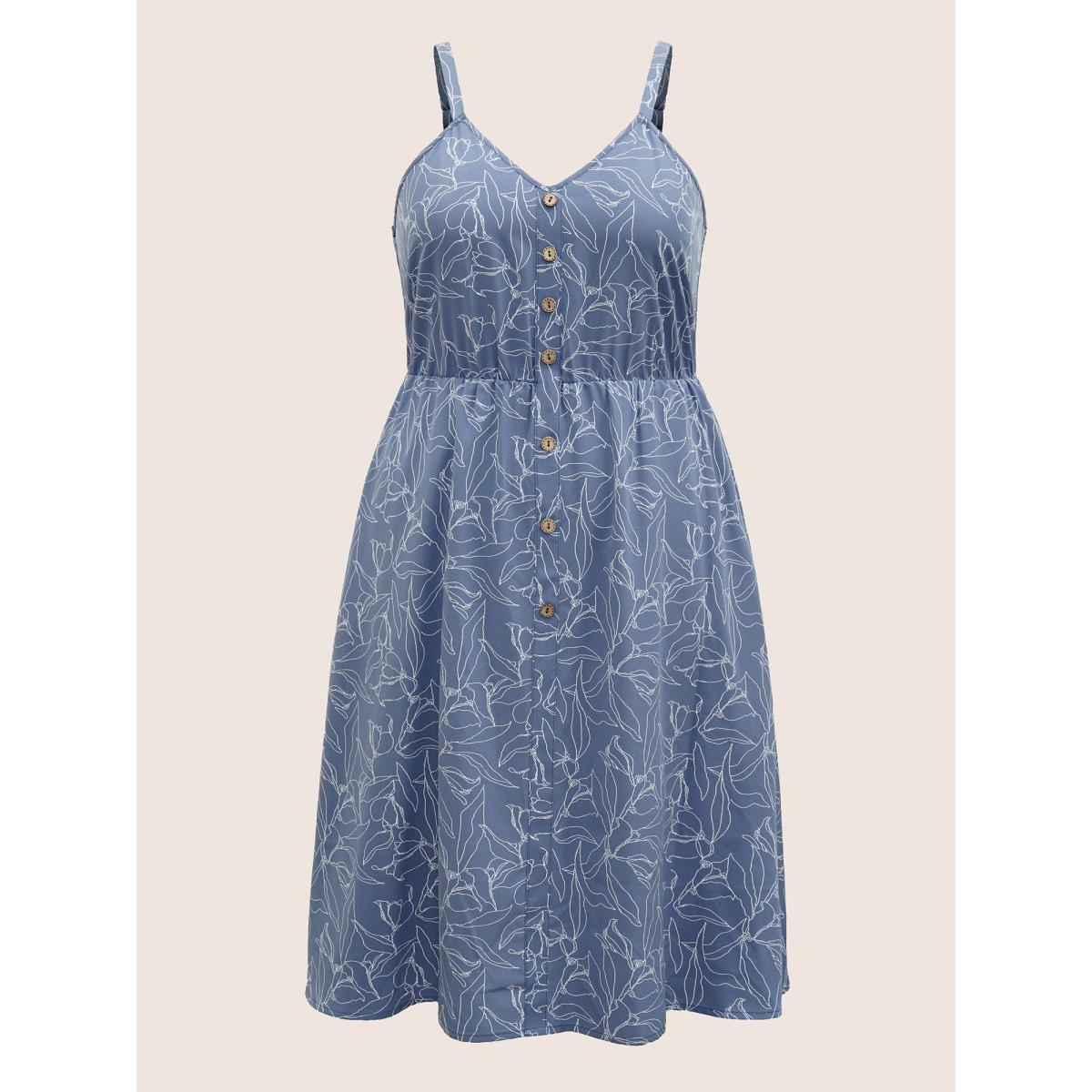 Plus Size Floral Print Button Detail Cami Dress Stone Women Elegant Non V-neck Sleeveless Curvy Midi Dress BloomChic 14-16/1X Product Image