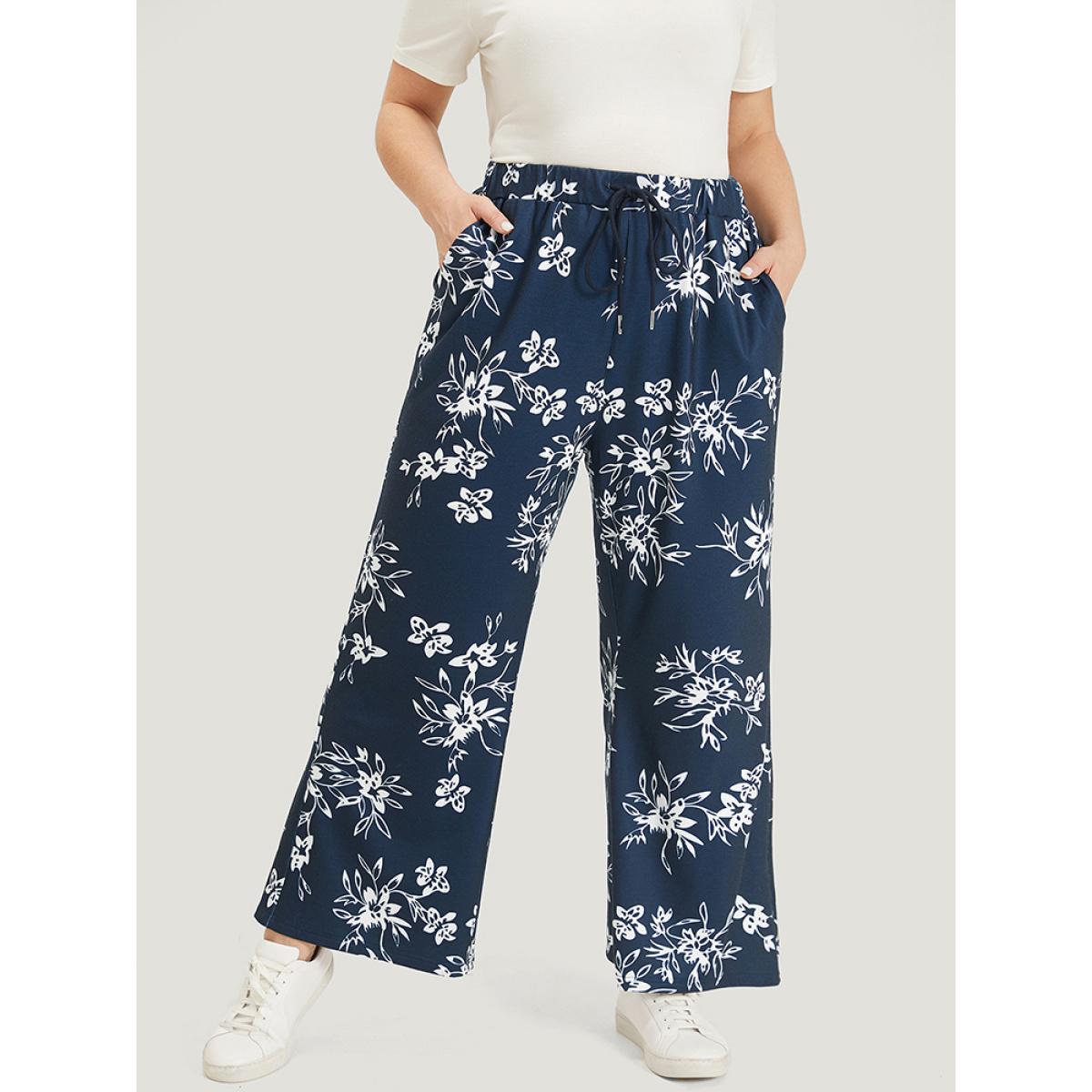 Silhouette Floral Print Drawstring Pocket Sweatpants Indigo Plus Size Women Casual Everyday Elastic Waist 26/4X Bloomchic Product Image