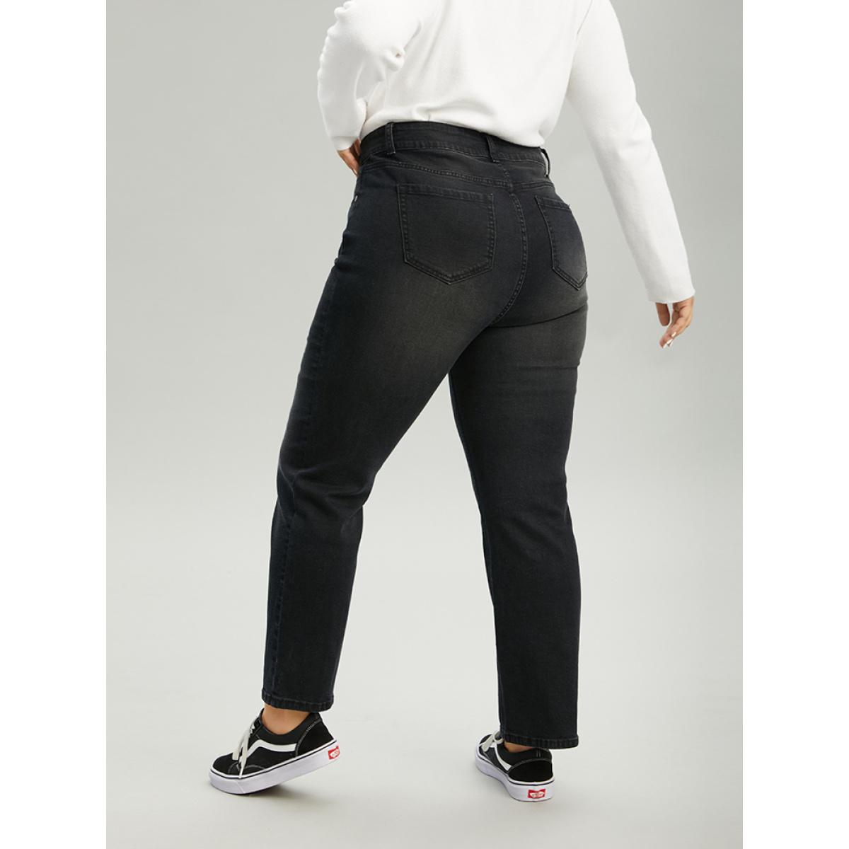 Plus Size Vintage Black Wash Straight Leg Jeans Women Black Casual Plain Plain High stretch Pocket Jeans BloomChic 10/M Product Image