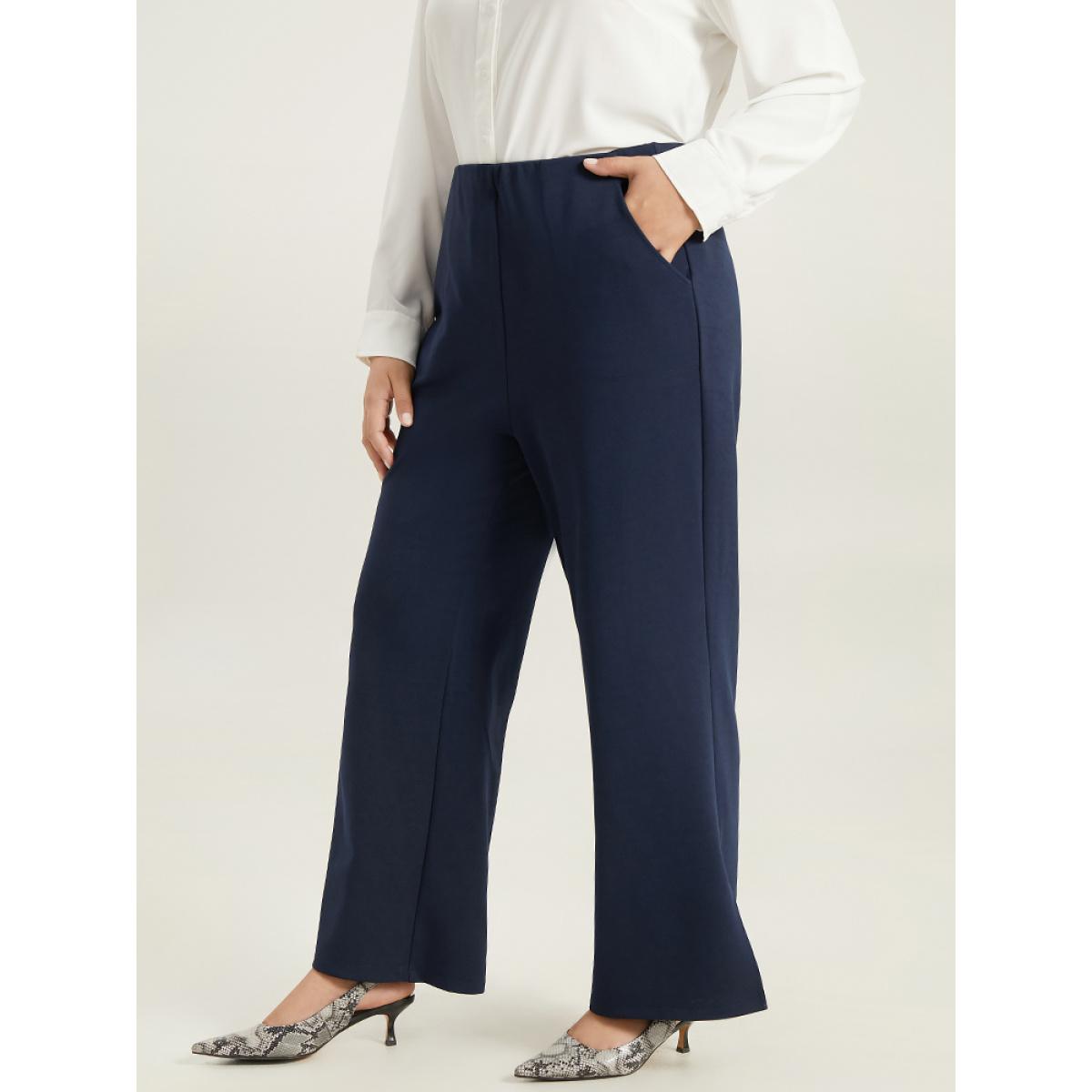 Plus Size Solid Split Side Elastic Waist Pants Women Indigo Office Straight Leg High Rise Work Pants BloomChic 26/4X Product Image