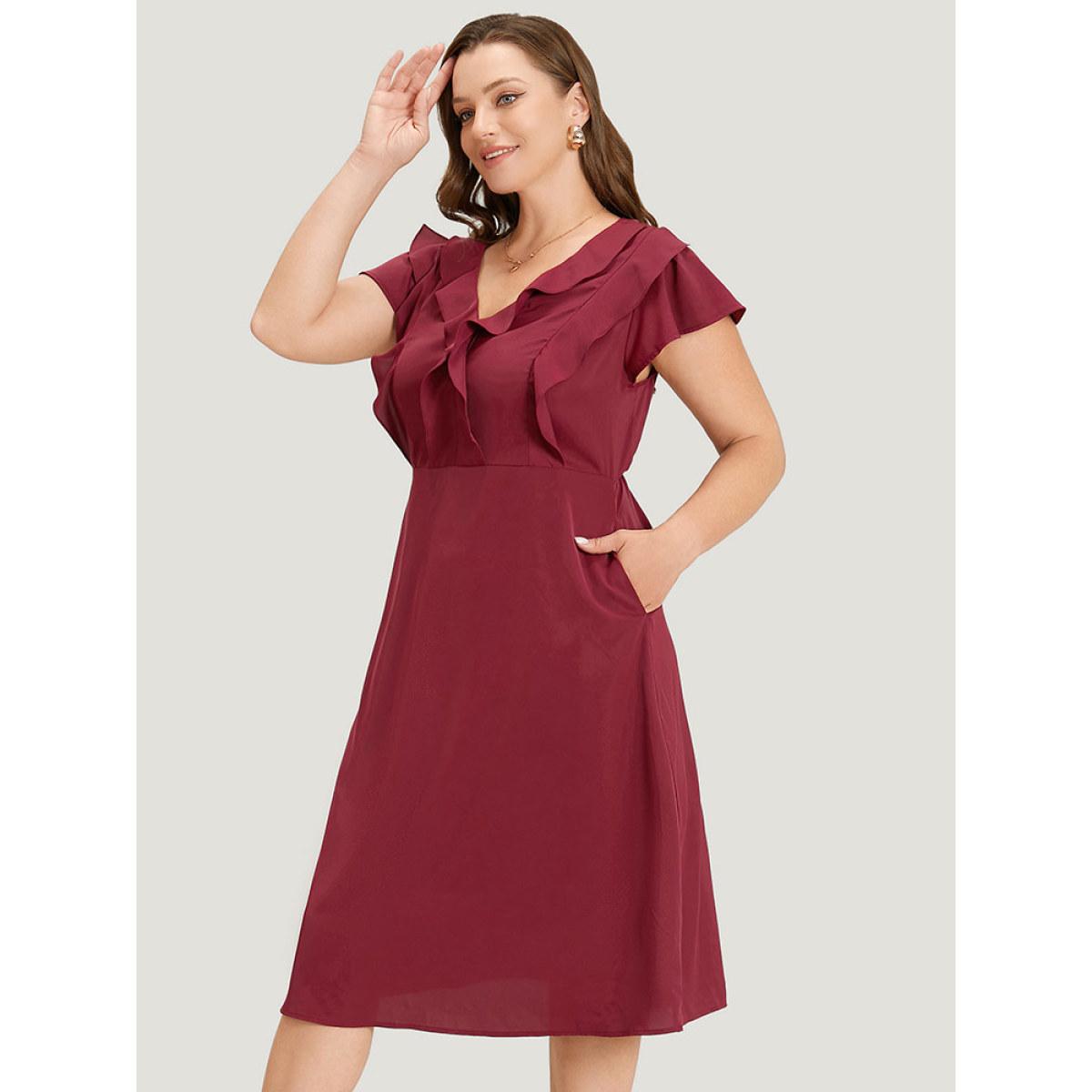 Plus Size Plain Ruffle Trim Pocket Cap Sleeve Midi Dress Scarlet Women Office Plain V-neck Sleeveless Curvy Midi Dress BloomChic 14-16/1X Product Image