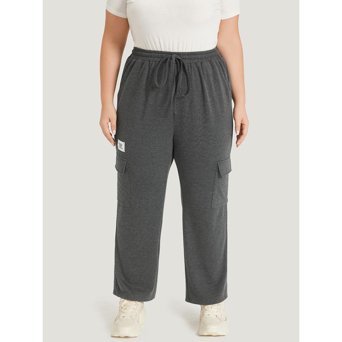 Letter Patched Flap Pocket Bowknot Elastic Waist Sweatpants DimGray Plus Size Women Casual Dailywear Plain 22-24/3X Bloomchic Product Image