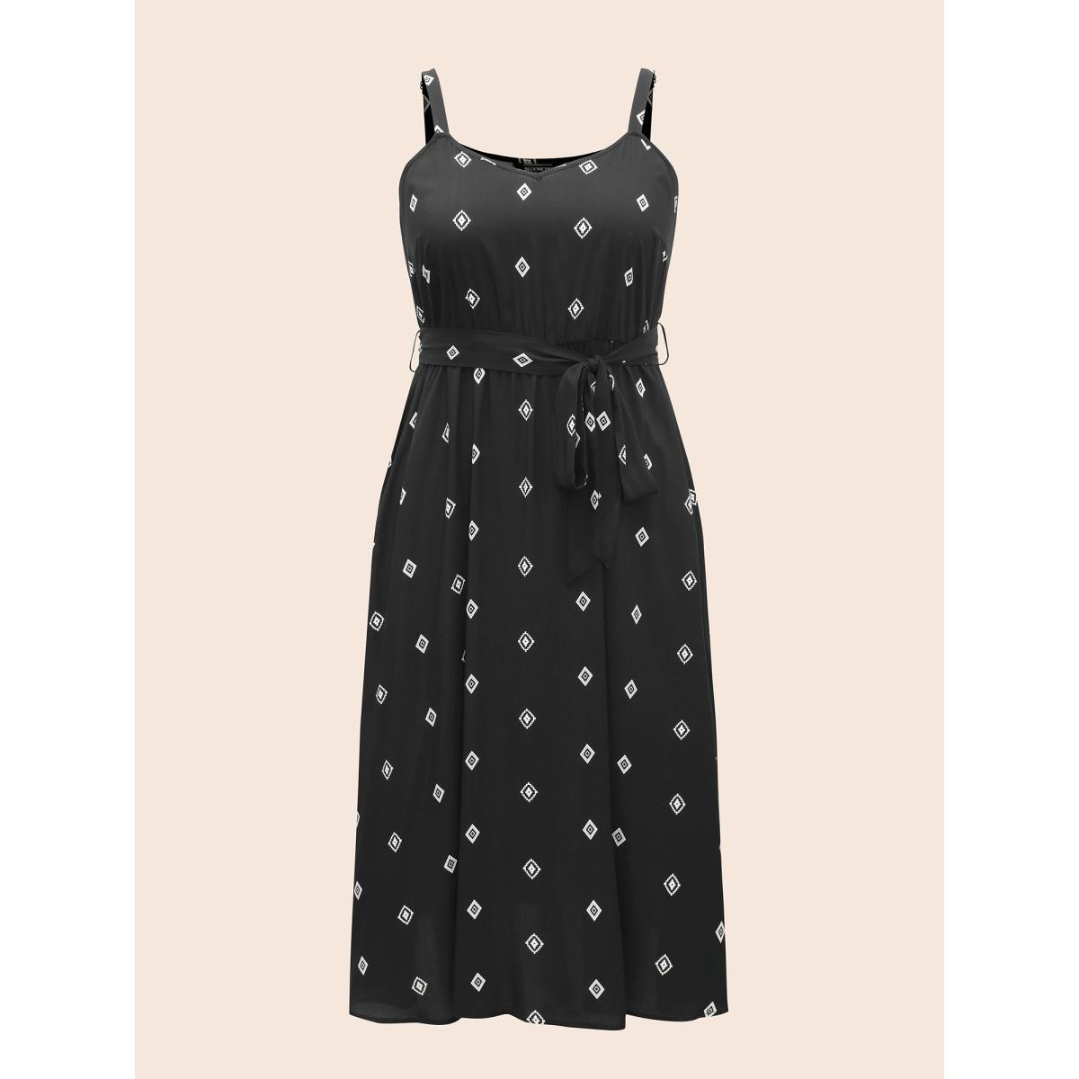 Plus Size Cami Printed A-line Midi Dress Black Women Resort Belted V-neck Sleeveless Curvy BloomChic 22-24/3X Product Image