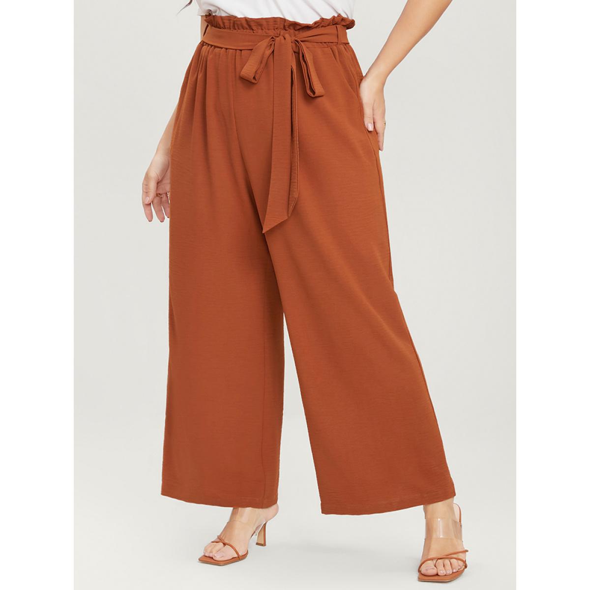 Plus Size Plain Paperbag Waist Wide Leg Belted Pocket Pants Women Rust Casual Mid Rise Dailywear Pants BloomChic 28/5X Product Image