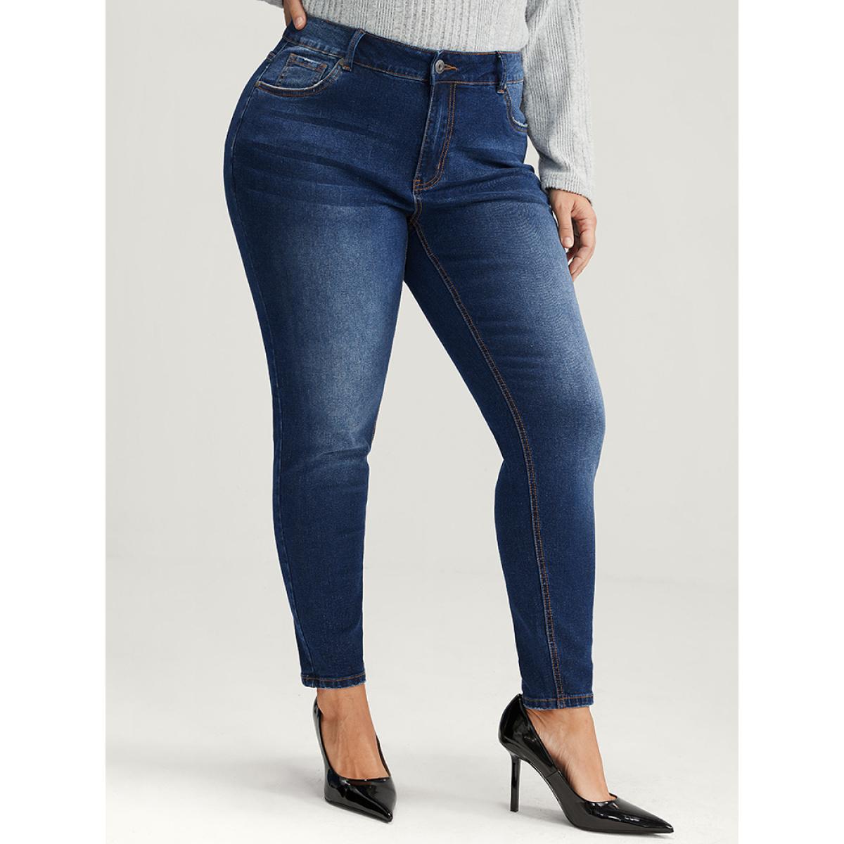 Plus Size Mom Jeans Straight Very Stretchy High Rise Medium Wash Contrast Jeans Women DarkBlue Casual Plain High stretch Slanted pocket Jeans BloomChic 20/2X Product Image