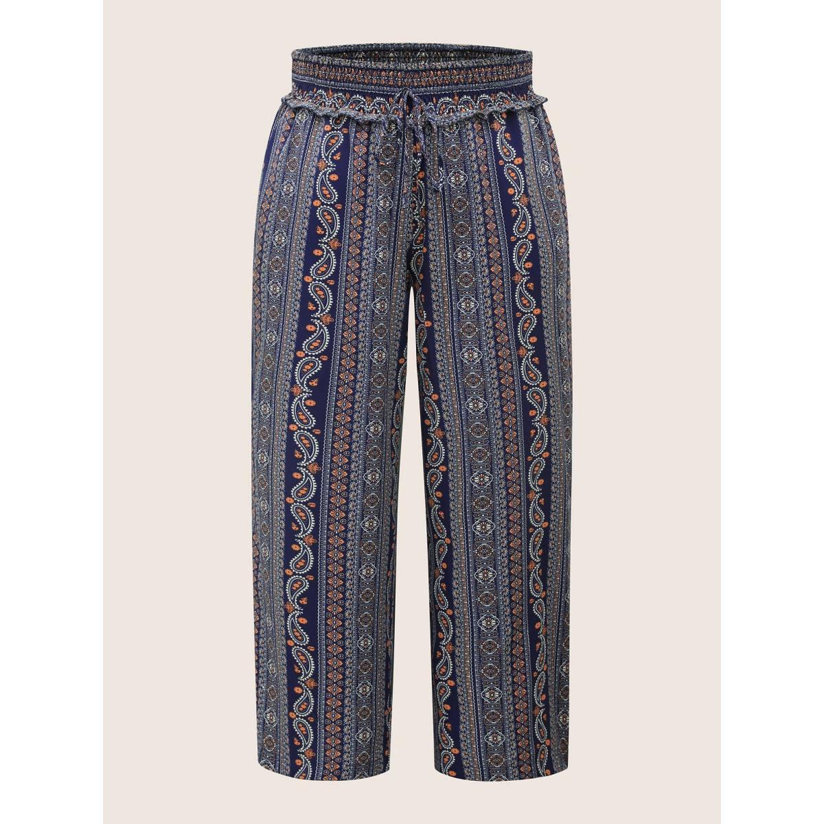Plus Size Bandana Print Frill Trim Drawstring Pants Women Indigo Casual Wide Leg Mid Rise Everyday Pants BloomChic 14-16/1X Product Image
