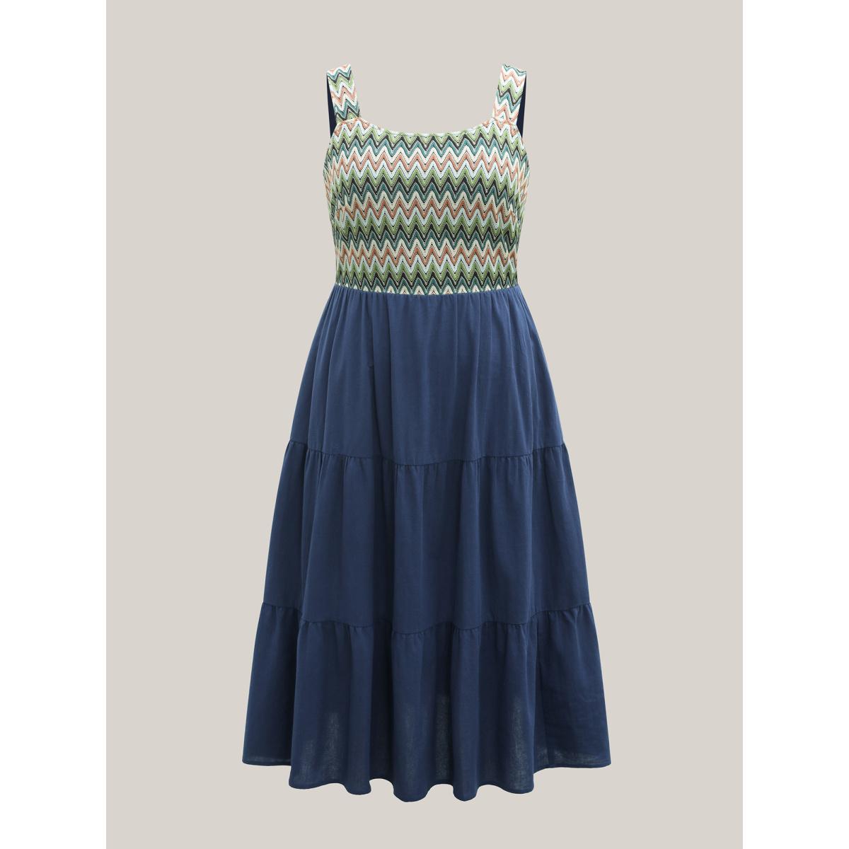 Plus Size Cotton Crochet Stretchy Waist Pockets Midi Dress Navy Women Boho Square Neck Cap Sleeve Curvy BloomChic 14-16/1X Product Image