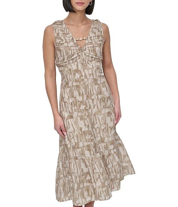 DKNY by Donna Karan V-Neck Sleeveless Flounce Hem Midi Dress Product Image