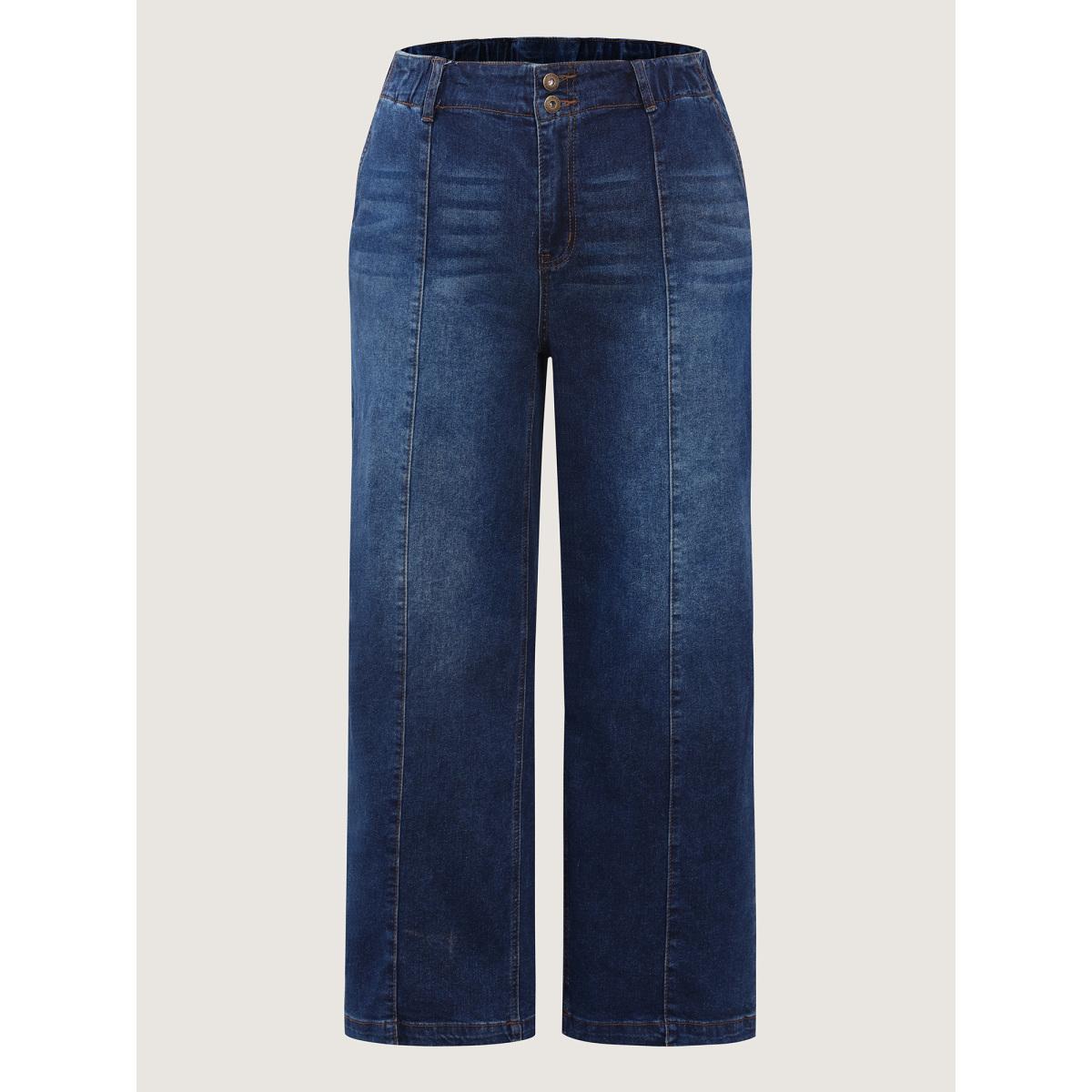 Plus Size Elastic Waistband Straight-Leg Jeans Women Denimindigo Leisure Patchwork Medium stretch Slanted pocket Jeans BloomChic 18/2X Product Image