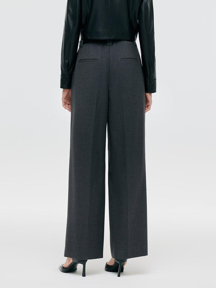 Worsted Wool Women Wide Leg Pants With Leather Belt Product Image