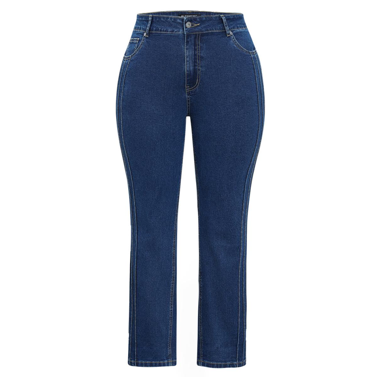 Plus Size Very Stretchy High Rise Medium Wash Pleated Detail Jeans Women DarkBlue Casual Plain Roll Hem High stretch Pocket Jeans BloomChic 28/5X Product Image