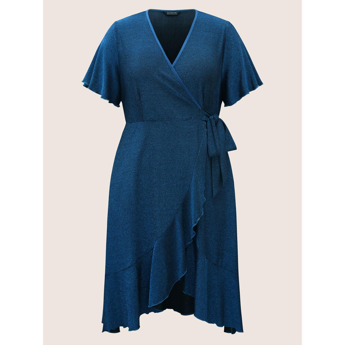 Plus Size Overlap Collar Luxe Tie Knot Ruffles Dress Mediumblue Women Cocktail Tie knot Overlap Collar Short sleeve Curvy BloomChic 22-24/3X Product Image