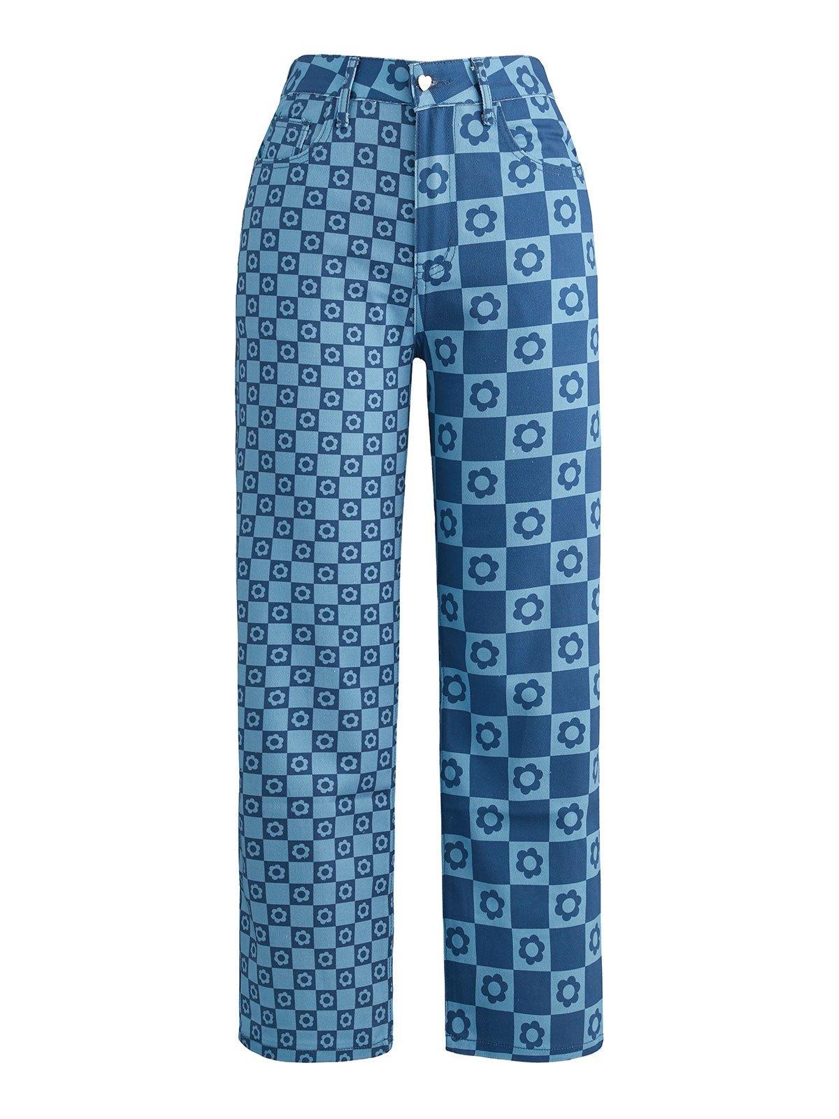 Checkered Print High Waist Slim Jeans Product Image