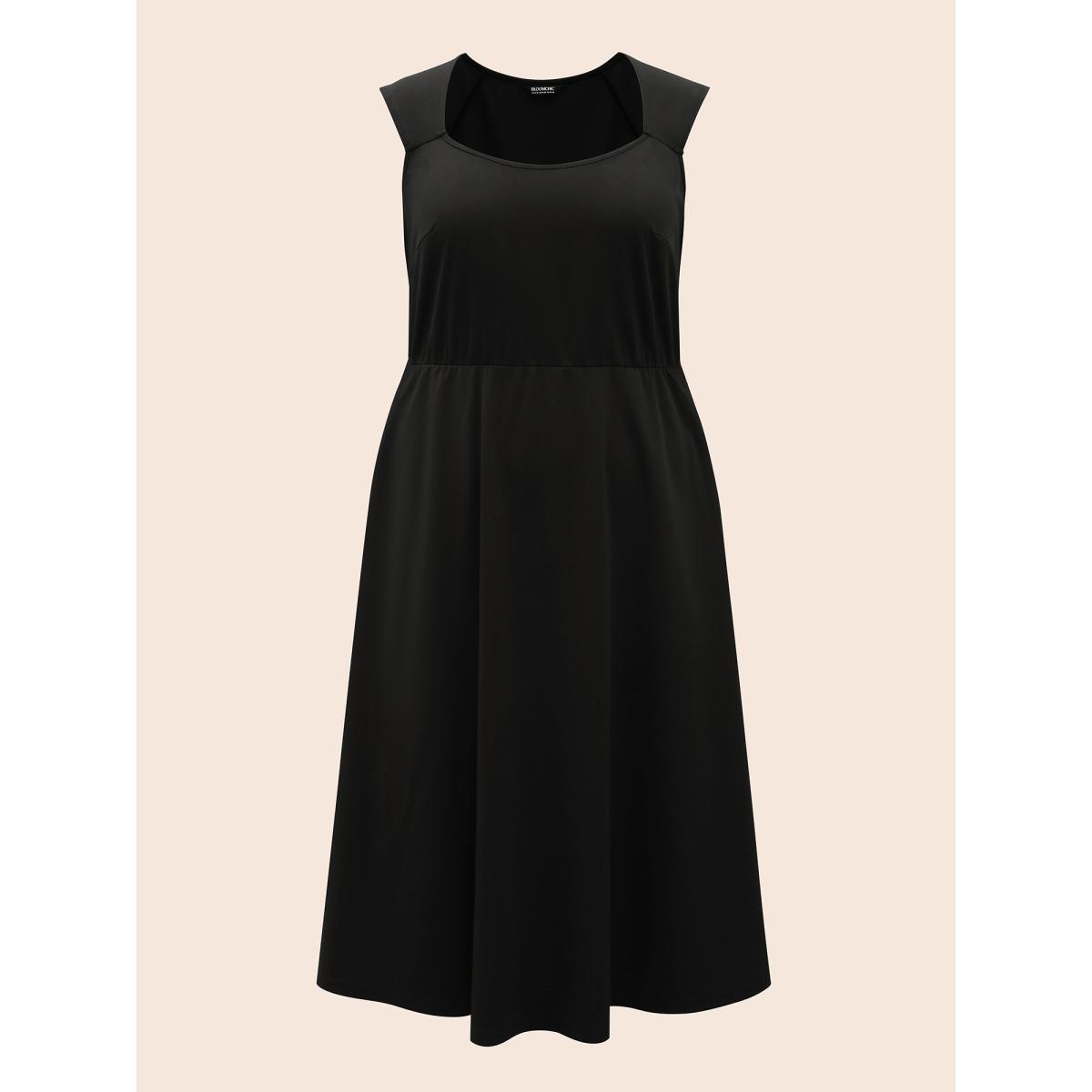 Plus Size Plain Elastic Waist Midi Tank Dress Black Women Elegant Non Square Neck Sleeveless Curvy BloomChic 22-24/3X Product Image