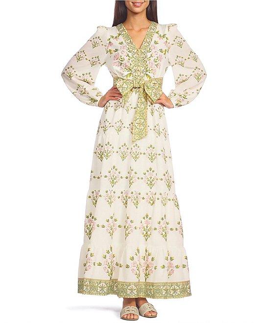A Loves A Floral Printed Long Sleeve V-Neck Self Tie Maxi Dress Product Image