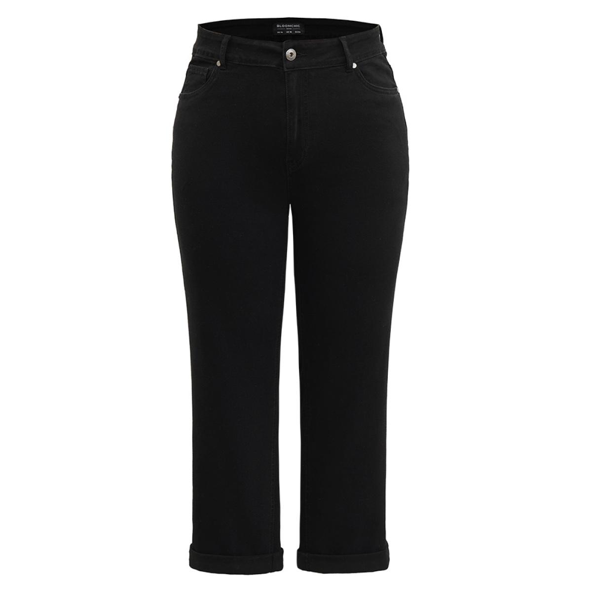 Plus Size Solid Roll Hem Black Wash Jeans Women DarkGray Casual Plain Plain High stretch Pocket Jeans BloomChic 18/2X Product Image