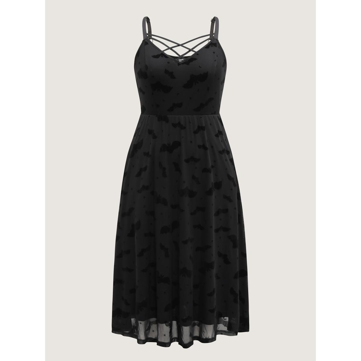 Plus Size Bat Chilling Print Stretchy Waist Midi Dress Black Women Romantic Party Curvy Bloomchic 28/5X Product Image