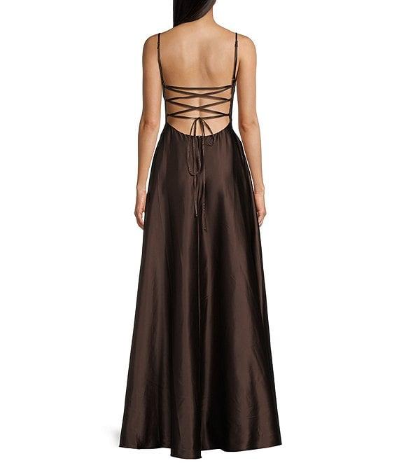 B. Darlin Satin Scoop Neck Spaghetti Strap Lace-Up Back Side Slit A-Line Dress Product Image
