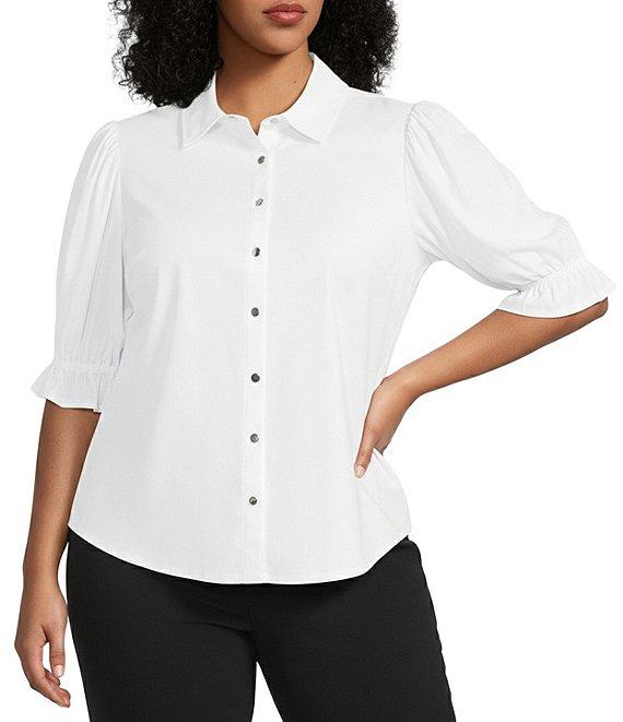 Liverpool Los Angeles Plus Size Tech Knit Point Collar Short Puff Ruffle Cuff Sleeve Button Front Shirt Product Image
