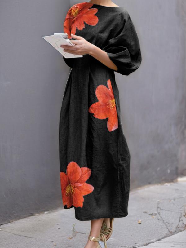 Half Sleeves Loose Flower Print Round-Neck Midi Dresses Product Image