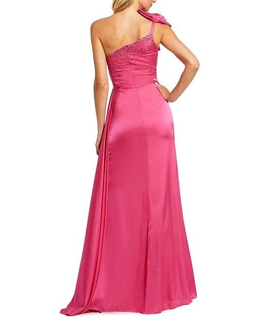 Mac Duggal One Shoulder Beaded Bow Ruched Satin Column Gown Product Image